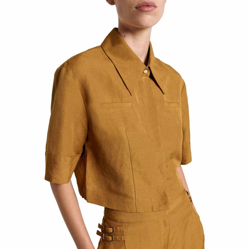 Cue Hazelnut Linen Blend Cropped Shirt image number 0